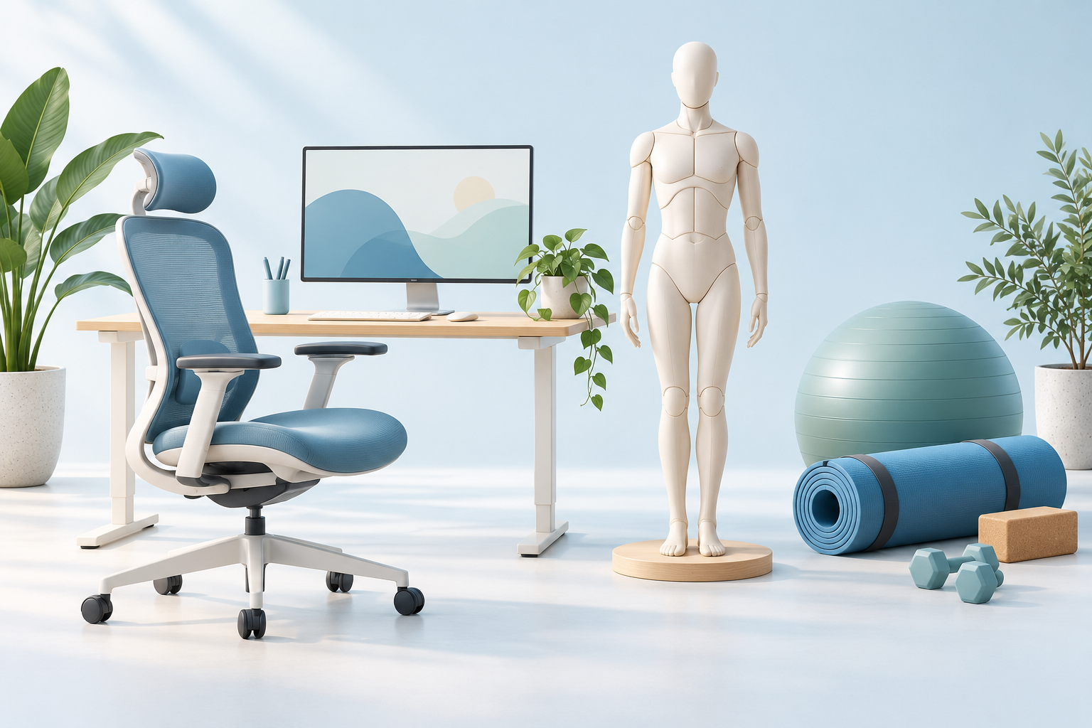 Ergonomik çalışma alanı, postür modeli ve egzersiz matı illüstrasyonu